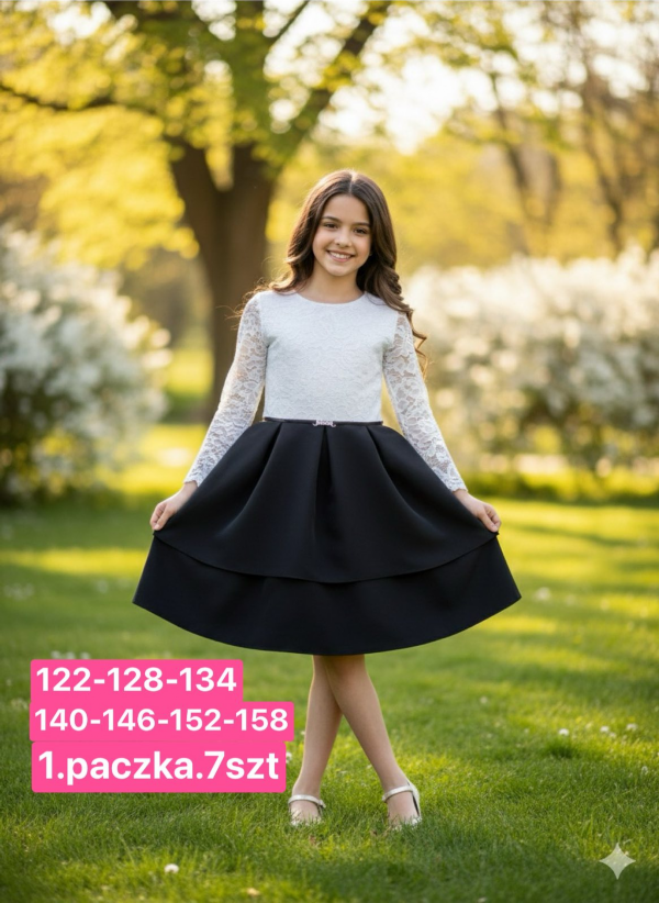 Sukienki dziewczęce Roz 122-158, 1 kolor Paczka 7 szt